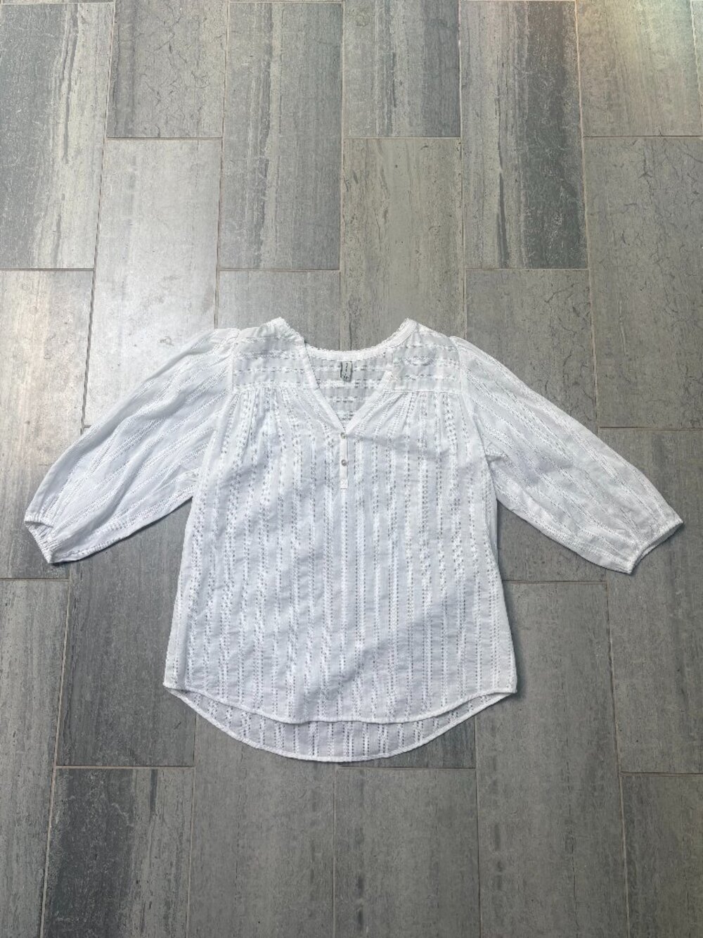 Gentle Fawn Eyelet Embroidered Cotton 3/4 Puff Sleeve Top Blouse White XS